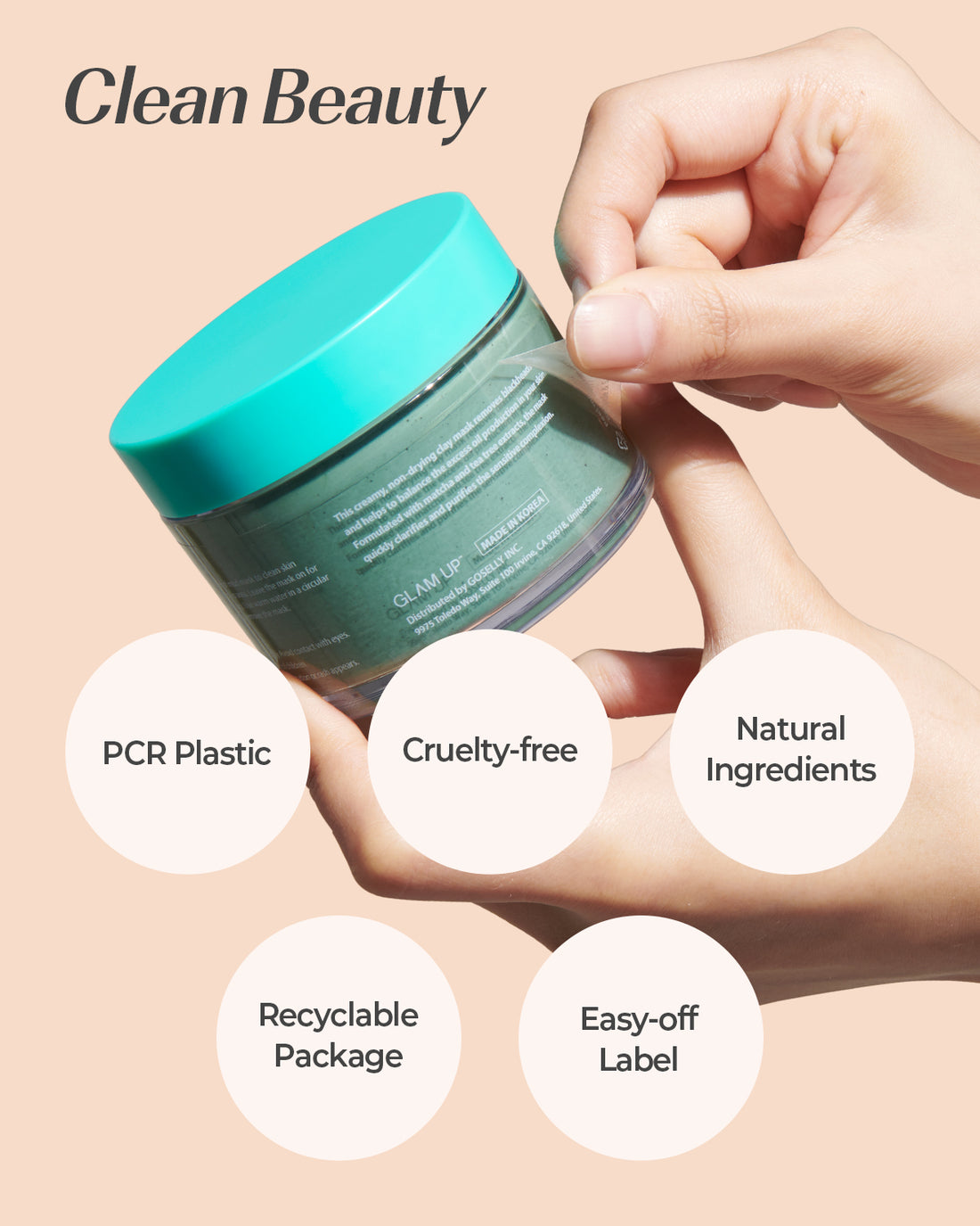 PCR plastic, cruelty free, natural ingredients, recyclable package, easy off label